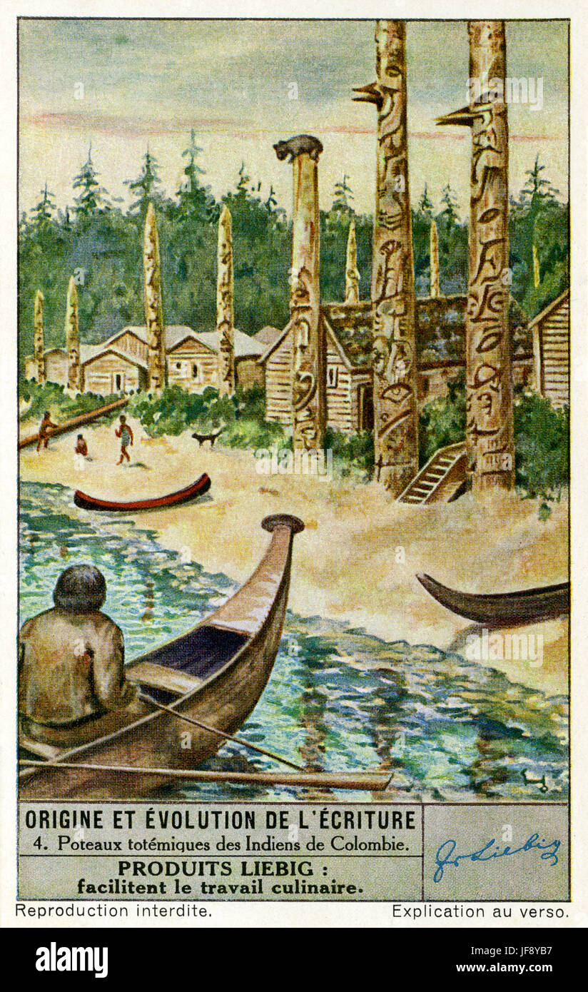 Les totems en Colombie. Origines et évolution de l'écriture. Carte de collection Liebig, 1942 Banque D'Images