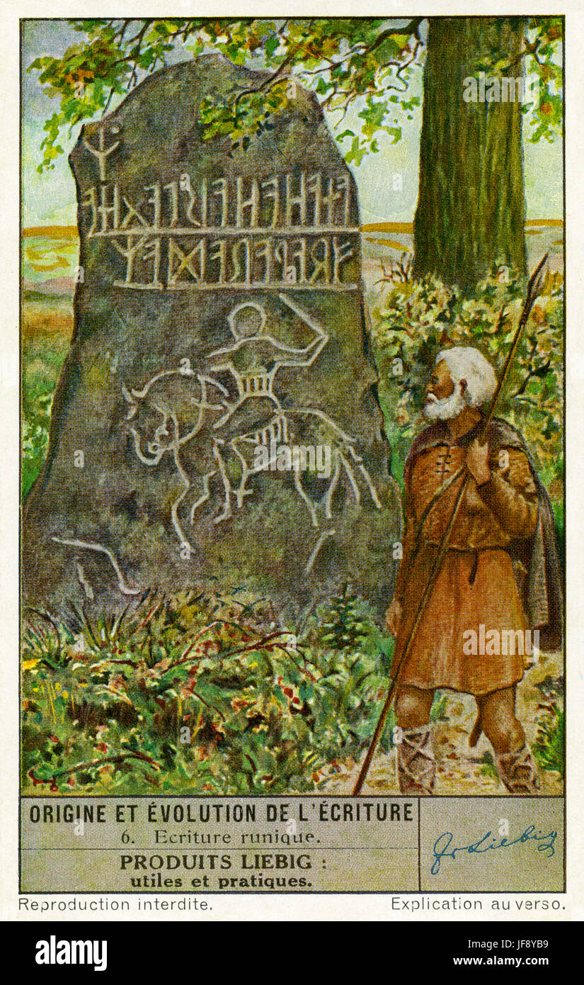 / Runes l'alphabet runique. Origines et évolution de l'écriture. Carte de collection Liebig, 1942 Banque D'Images