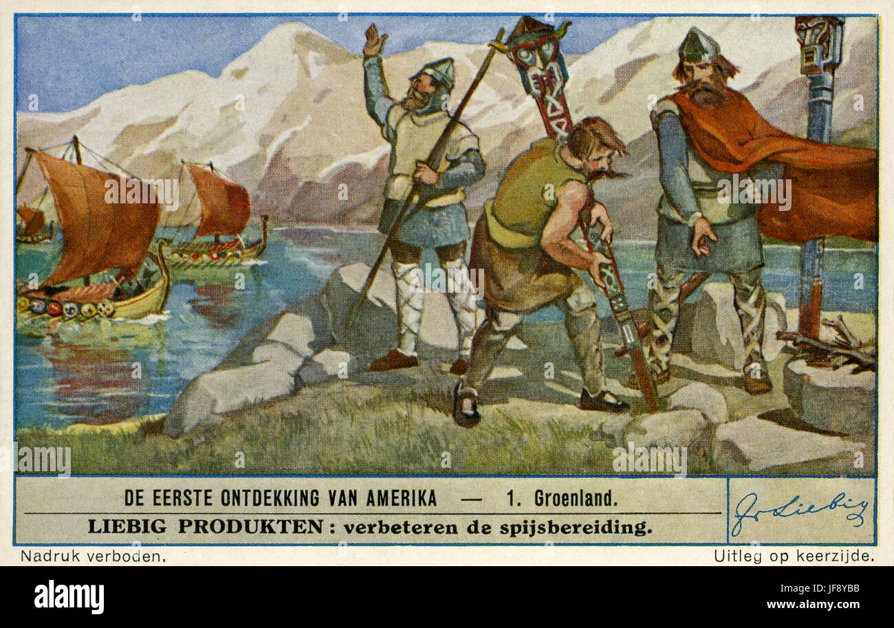 La colonisation viking des Amériques (ch. 980 AD), premier établissement au Groenland. Carte de collection Liebig, 1942 Banque D'Images