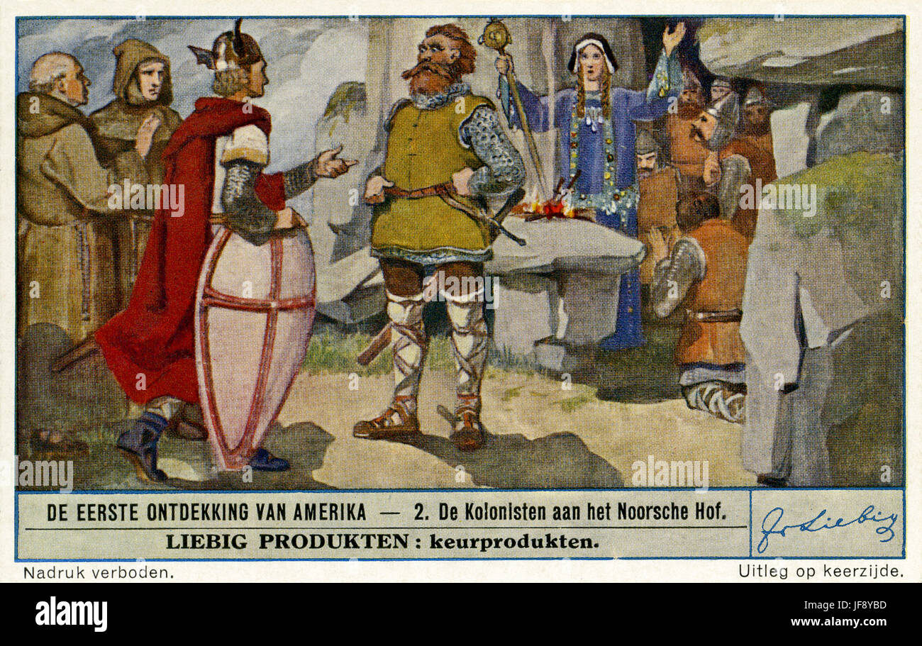 Cour de la colonisation scandinave. La colonisation viking des Amériques (ch. 980 AD). Carte de collection Liebig, 1942 Banque D'Images
