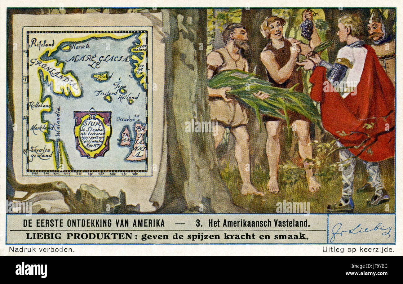 Découverte du continent américain à partir du Groenland. La colonisation viking des Amériques (ch. 980 AD). Carte de collection Liebig, 1942 Banque D'Images