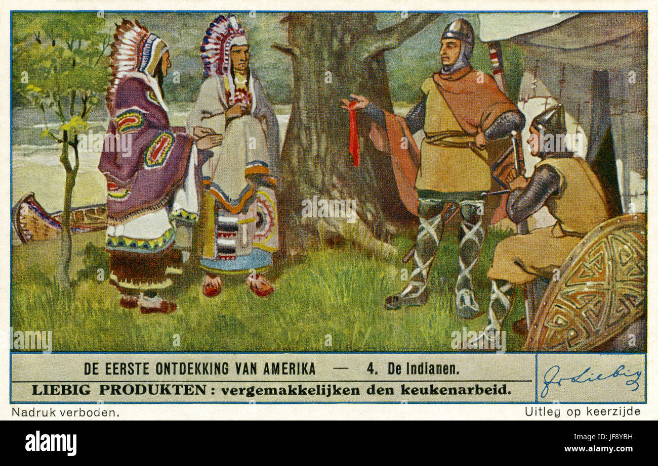Contact avec les Indiens. La colonisation viking des Amériques (ch. 980 AD). Carte de collection Liebig, 1942 Banque D'Images