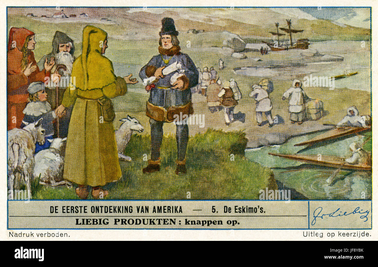 Contact avec les Esquimaux. La colonisation viking des Amériques (ch. 980 AD). Carte de collection Liebig, 1942 Banque D'Images