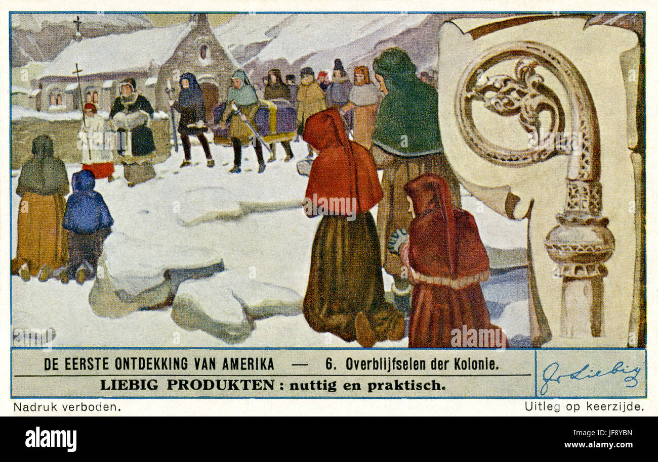 Reliques de la colonisation Viking des Amériques (ch. 980 AD). Carte de collection Liebig, 1942 Banque D'Images