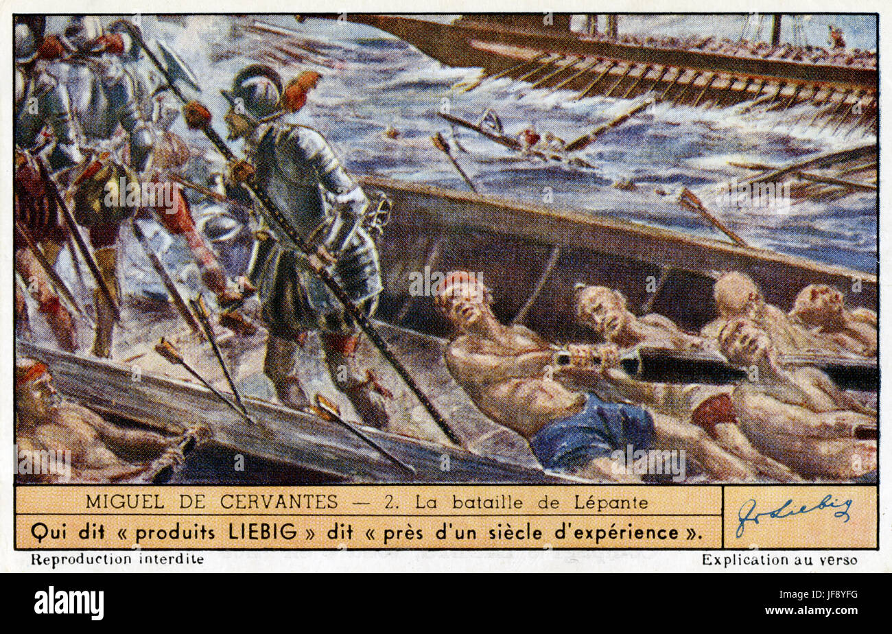 Vie de Miguel de Cervantes (29 septembre 1547 - 22 avril 1616). Dans la bataille de Lépante, bataille navale entre états catholiques et l'Empire ottoman pour le contrôle de la Méditerranée. Carte de collection Liebig, 1948 Banque D'Images