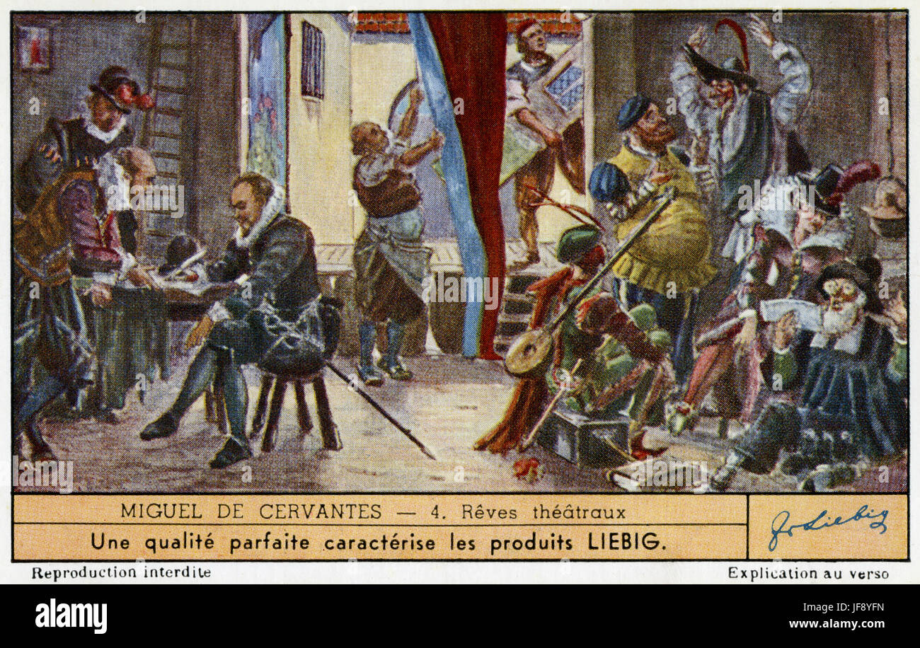 Vie de Miguel de Cervantes (29 septembre 1547 - 22 avril 1616). Début de sa carrière littéraire, l'écriture de théâtre. Carte de collection Liebig, 1948 Banque D'Images