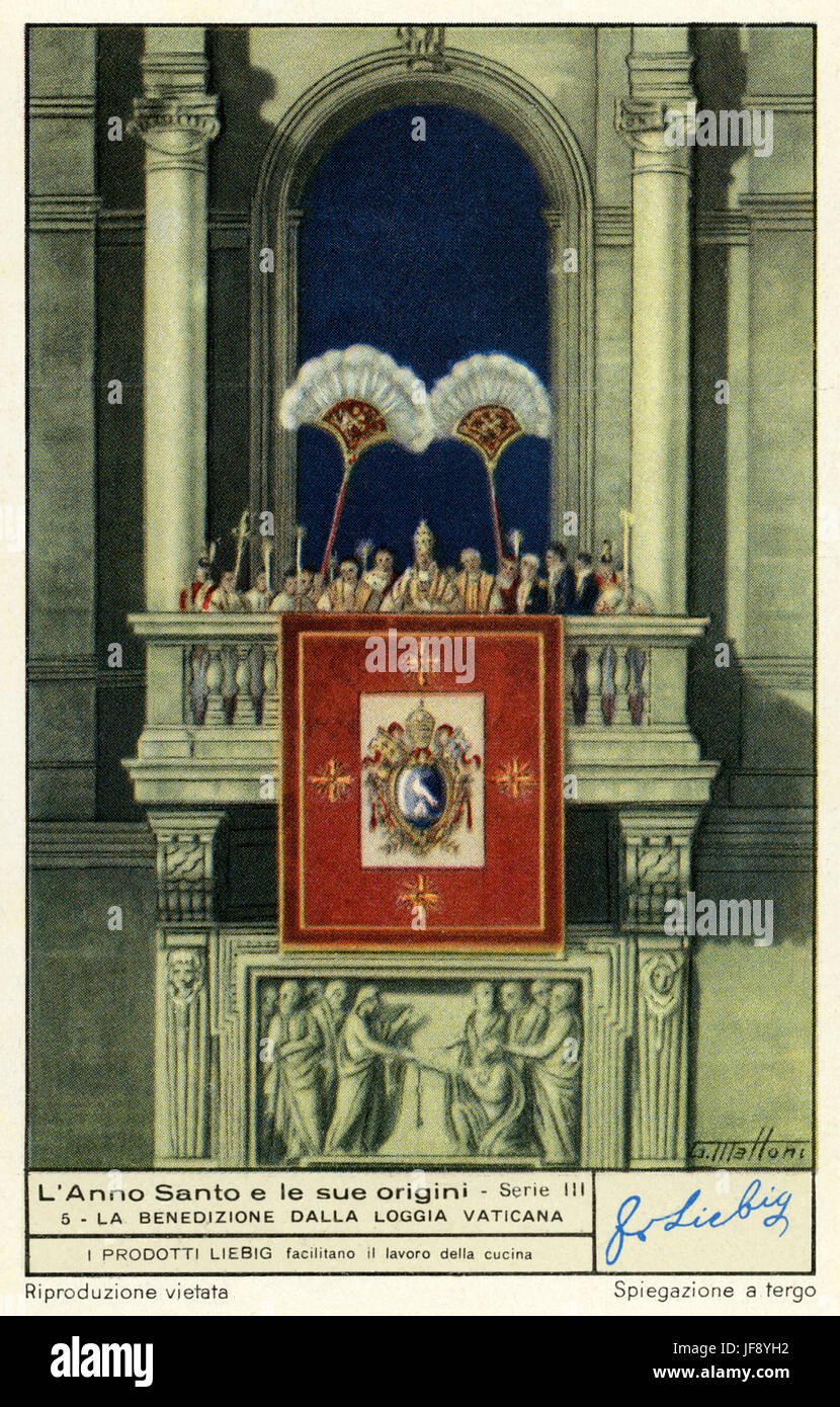 L'année sainte catholique / jubilé et son origine. Bénédiction papale du balcon de la Cité du Vatican, le Pape Pie XII, 1950. Carte de collection Liebig, 1949 Banque D'Images