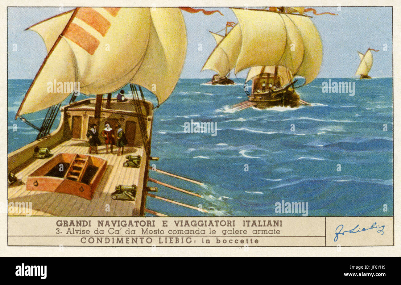 Alvise Cadamosto comme capitaine d'un homme de guerre / galion armé. Les explorateurs italiens célèbres. Carte de collection Liebig, 1949 Banque D'Images