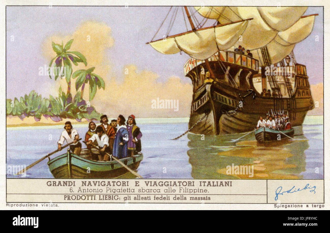 Antonio Pigafetta voyageant vers les Philippines. Les explorateurs italiens célèbres. Carte de collection Liebig, 1949 Banque D'Images