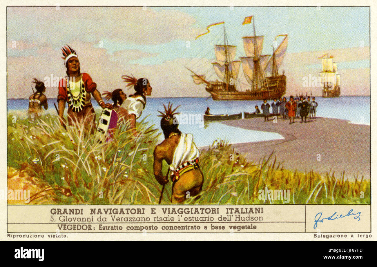 Giovanni da Verrazzano explorer l'estuaire d'Hudson, en Amérique du Nord. Les explorateurs italiens célèbres. Carte de collection Liebig, 1949 Banque D'Images