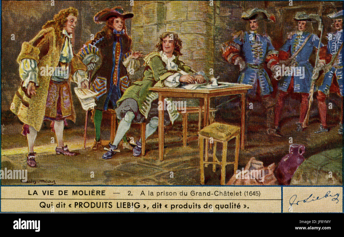 Molière est emprisonné en 1645 pour non-paiement de dettes. Vie de Molière (Jean-Baptiste Poquelin, 15 janvier 1622 - 17 février 1673), dramaturge et acteur français. Carte de collection Liebig, 1950 Banque D'Images