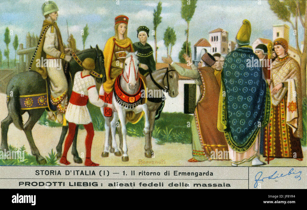 Desiderata / Ermengarda des Lombards retourne en Lombardie dans 771 Ma après son mariage à Charlemagne est annulée. Histoire de l'Italie. Carte de collection Liebig, 1951 Banque D'Images