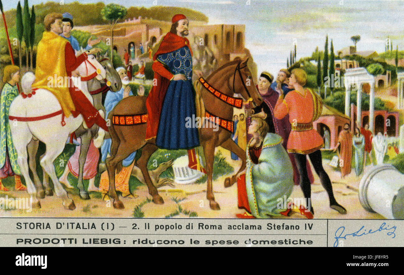La population de Rome proclamer Stephen IV en tant que Pape, 816 AD. Histoire de l'Italie. Carte de collection Liebig, 1951 Banque D'Images