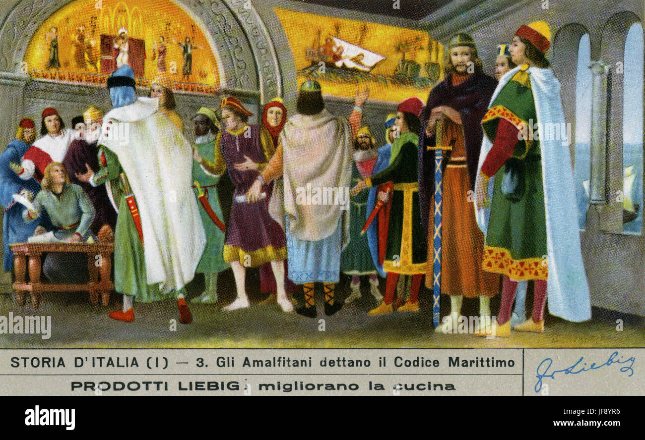 Tables d'Amalfi codes maritimes, mis en oeuvre, 8e / 9e siècle (jusqu'en 1600). Histoire de l'Italie. Carte de collection Liebig, 1951 Banque D'Images
