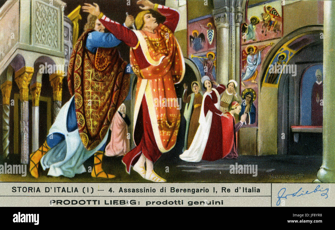 Assassinat du Roi Berengar I de l'Italie, à Vérone, 924 AD. Histoire de l'Italie. Carte de collection Liebig, 1951 Banque D'Images