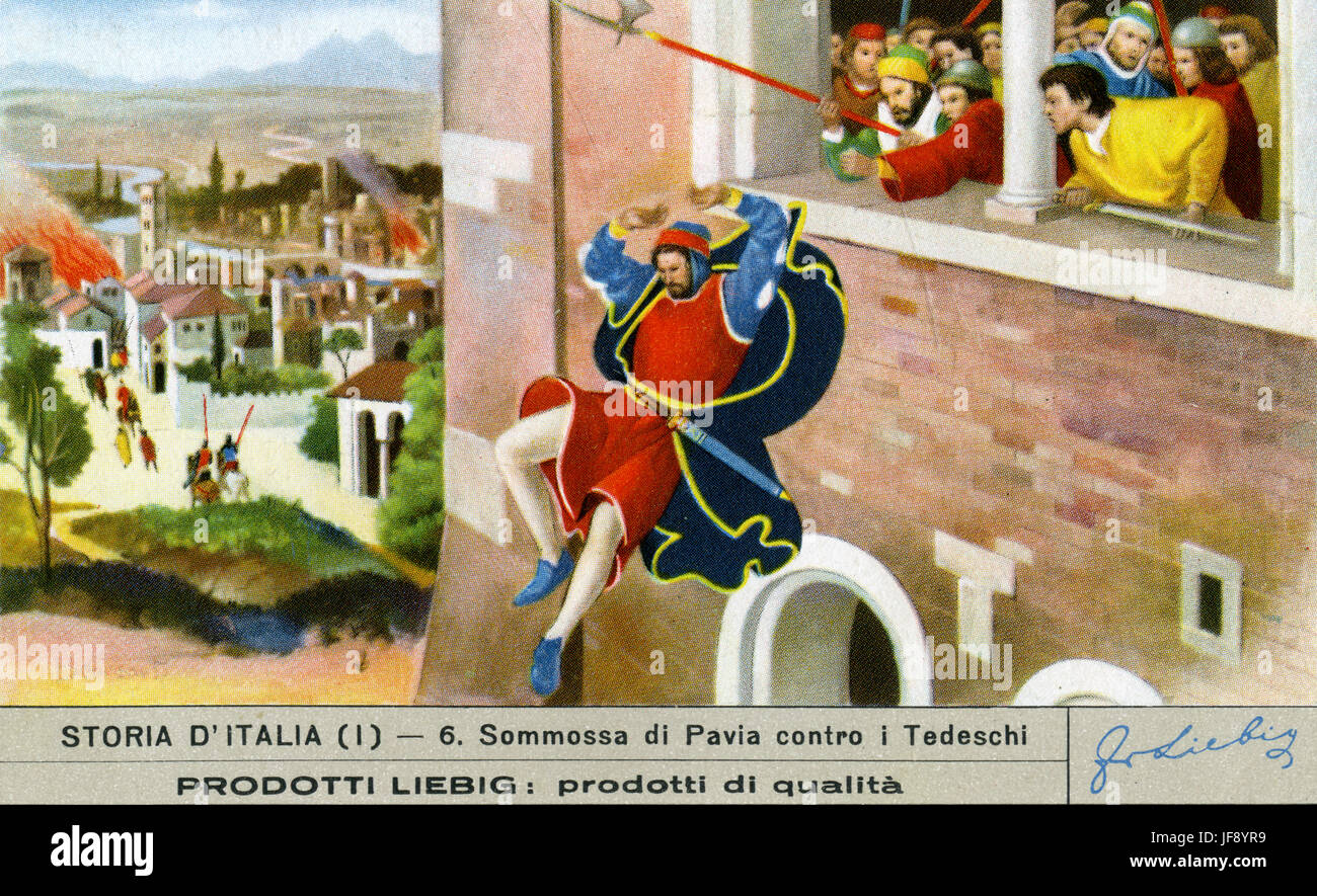Révolte de Pavie contre Henry II, Saint Empereur Romain, 1004 AD. Histoire de l'Italie. Carte de collection Liebig, 1951 Banque D'Images
