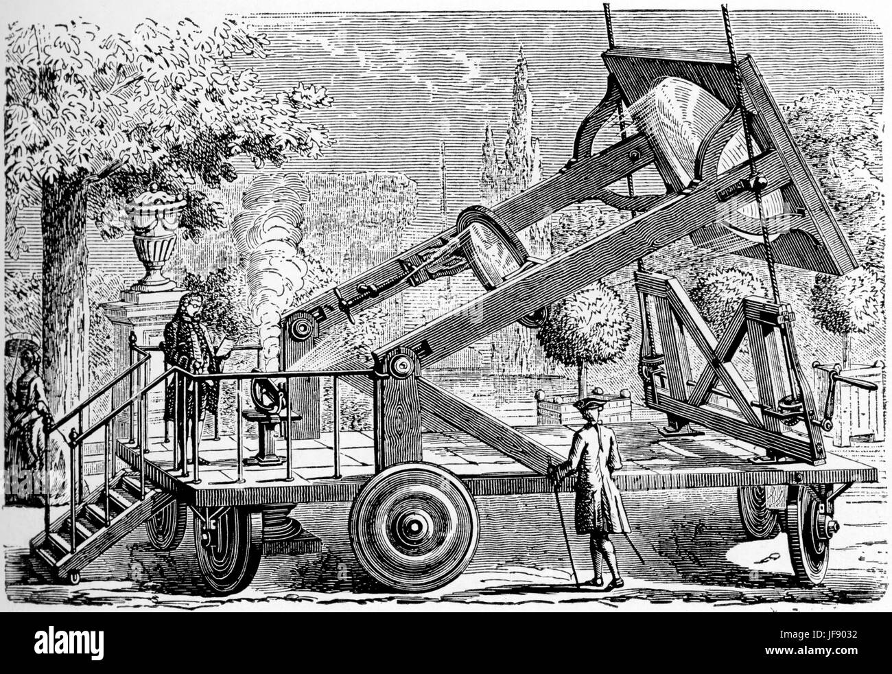 L'Abbé B erniere lentille la gigantesque. Un verre gravure gravure ou lentille est une grande lentille convexe qui peuvent concentrer les rayons solaires sur un petit salon, chauffage du salon et donnant ainsi lieu à l'inflammation de la surface exposée. Banque D'Images