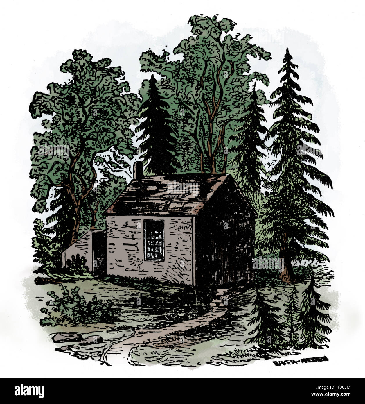 Henry Thoreau 's cabin (extérieur) à Walden Pond, Massachusetts. Poète et philosophe américain, 12 juillet 1817 - 6 mai 1862. Banque D'Images