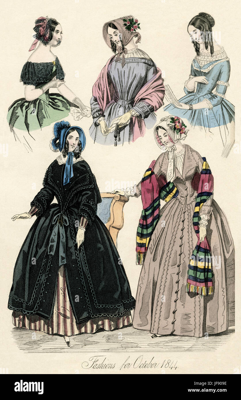 La page de mode d'octobre 1844 édition du nouveau mensuel Belle Assemblée.  Gravure de mode colorée à la main. . Gravure de mode colorée à la main. La  femme boonets de modélisation,