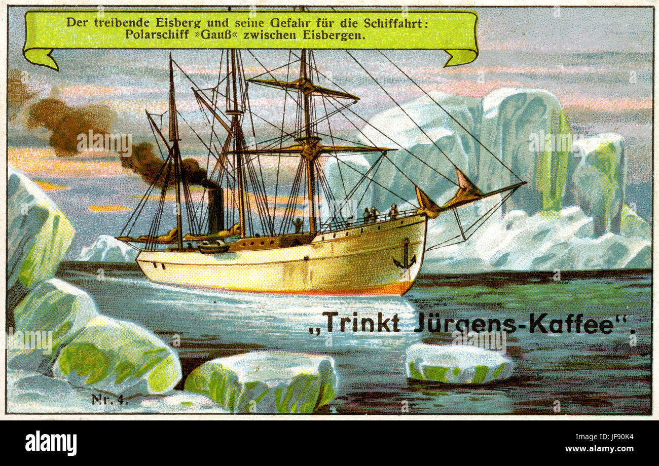 Navire voyageant à travers les régions polaires, au début du xxe siècle illustration démontrant les dangers de la dérive des icebergs Banque D'Images