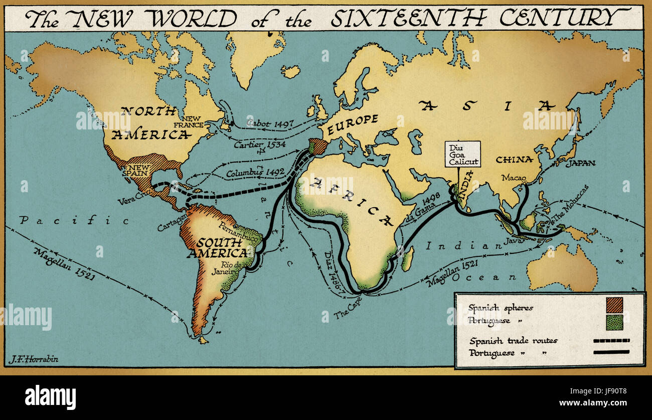 Le nouveau monde du 16ème siècle, la carte montrant les colonies espagnoles et portugaises et les routes commerciales Banque D'Images