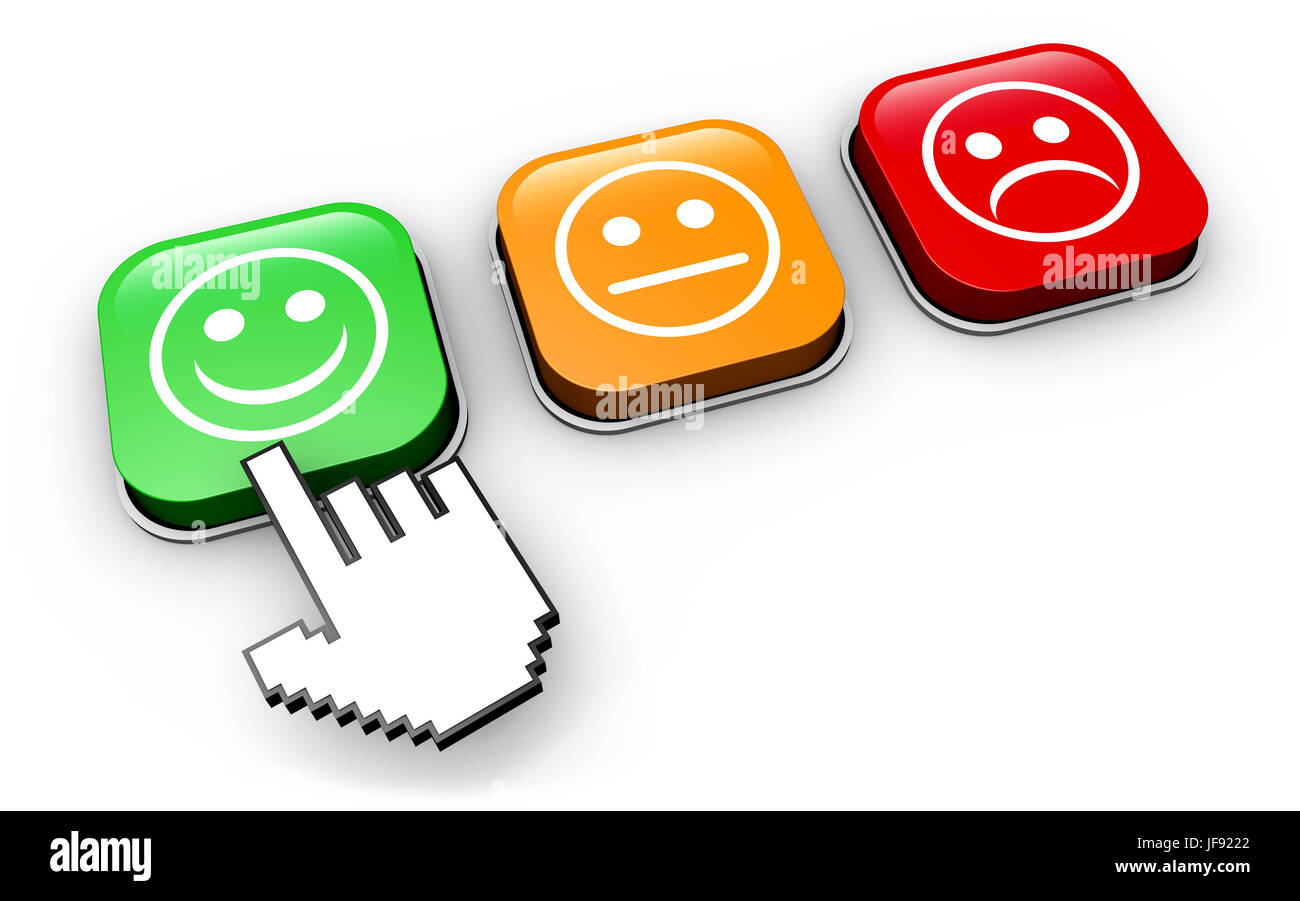 Commentaires des clients heureux concept avec part en cliquant sur le bouton de contrôle de la qualité de l'entreprise positive 3D illustration. Banque D'Images