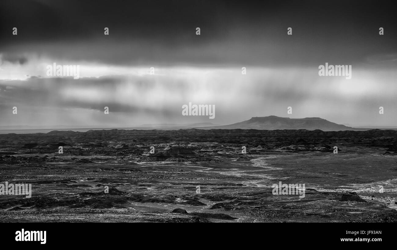 Pluie nuages lointains illuminer une mesa dans le paysage lointain- Forêt Pétrifiée, Arizona- noir et blanc Banque D'Images