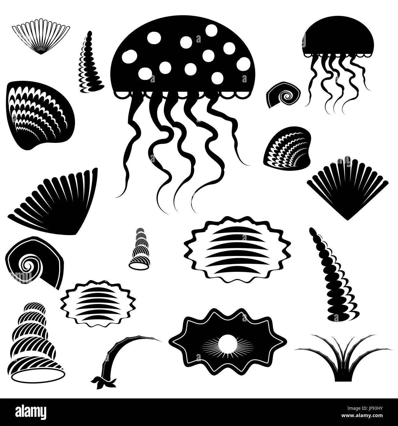 Jeu de silhouettes d'animaux de mer isolé sur fond blanc Illustration de Vecteur