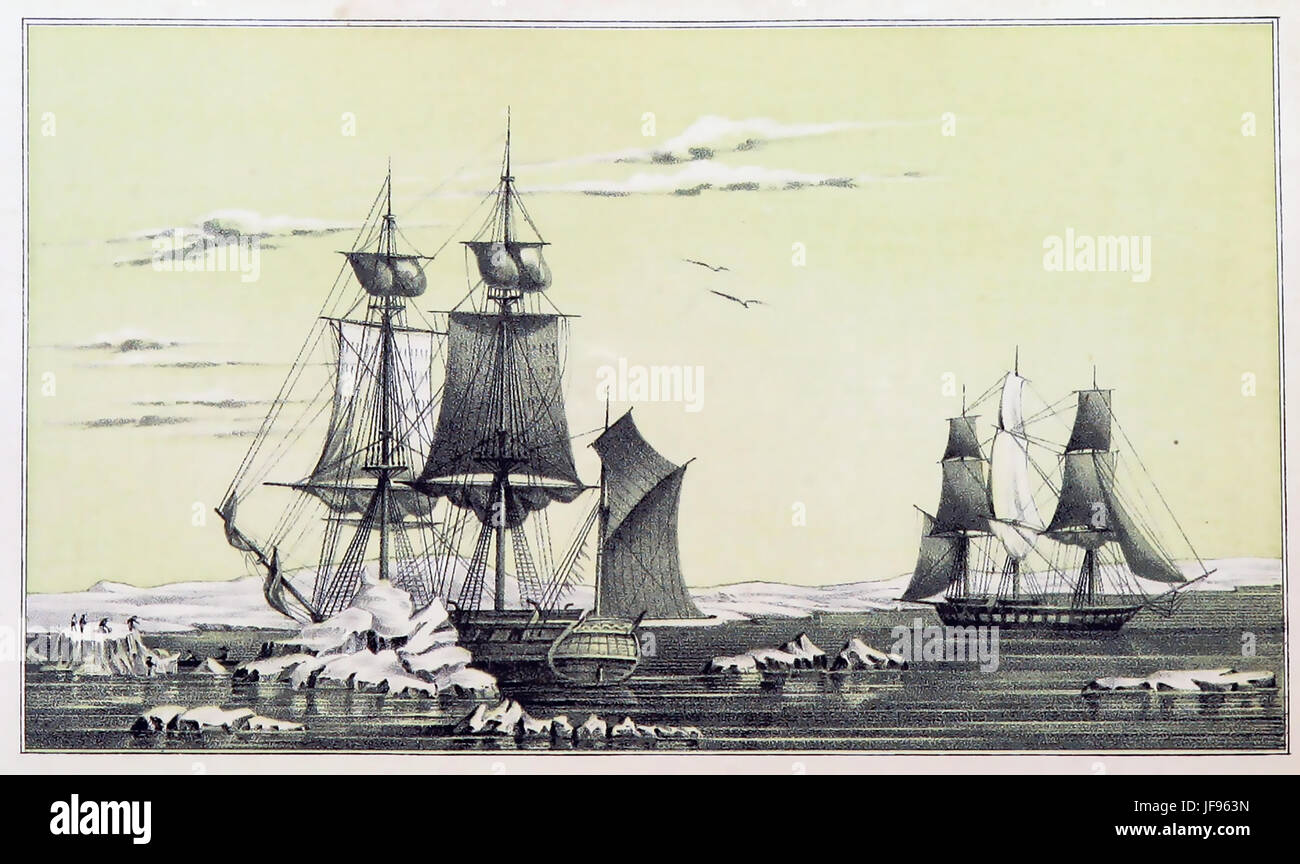 JOHN FRANKLIN (1786-1847) officier de la Royal Navy et explorateur de l'Arctique. Deux navires de sauvetage Le Franklin (à gauche) et le Pluvier siffleur de l'attente des ordres à la voile. Banque D'Images