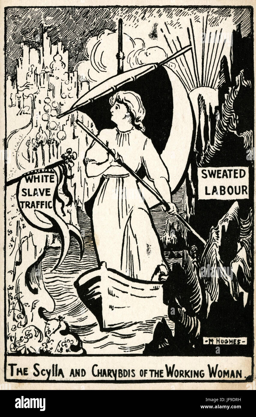 "LA SCYLLA ET CHARYBDE DE LA TRAVAILLEUSE" - Une référence historique aux défis et dilemmes auxquels les travailleuses sont confrontées, les comparant aux mythiques Scylla et Charybde de la mythologie grecque. Banque D'Images