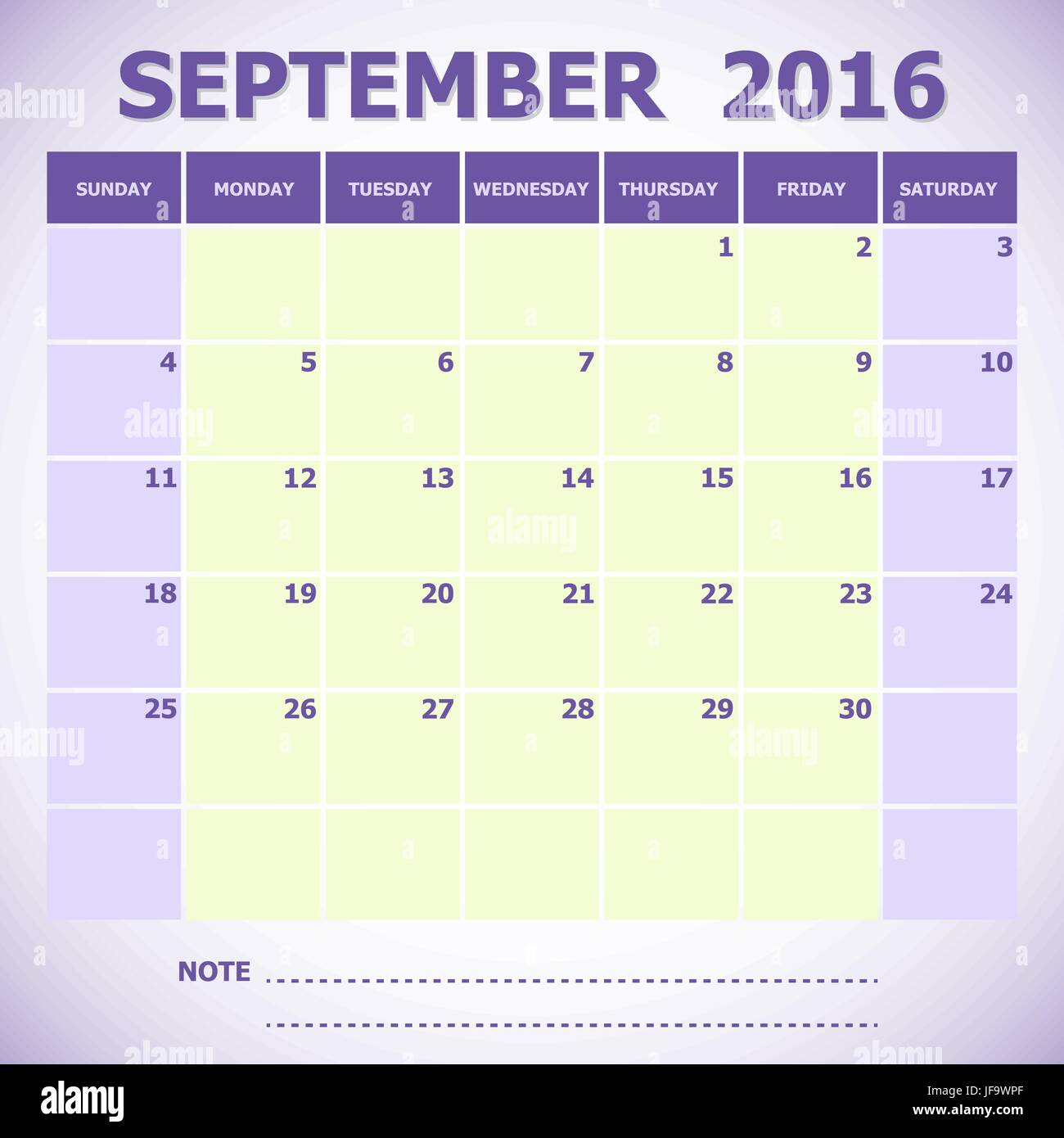 Septembre 2016 Calendrier semaine commence le dimanche Illustration de Vecteur