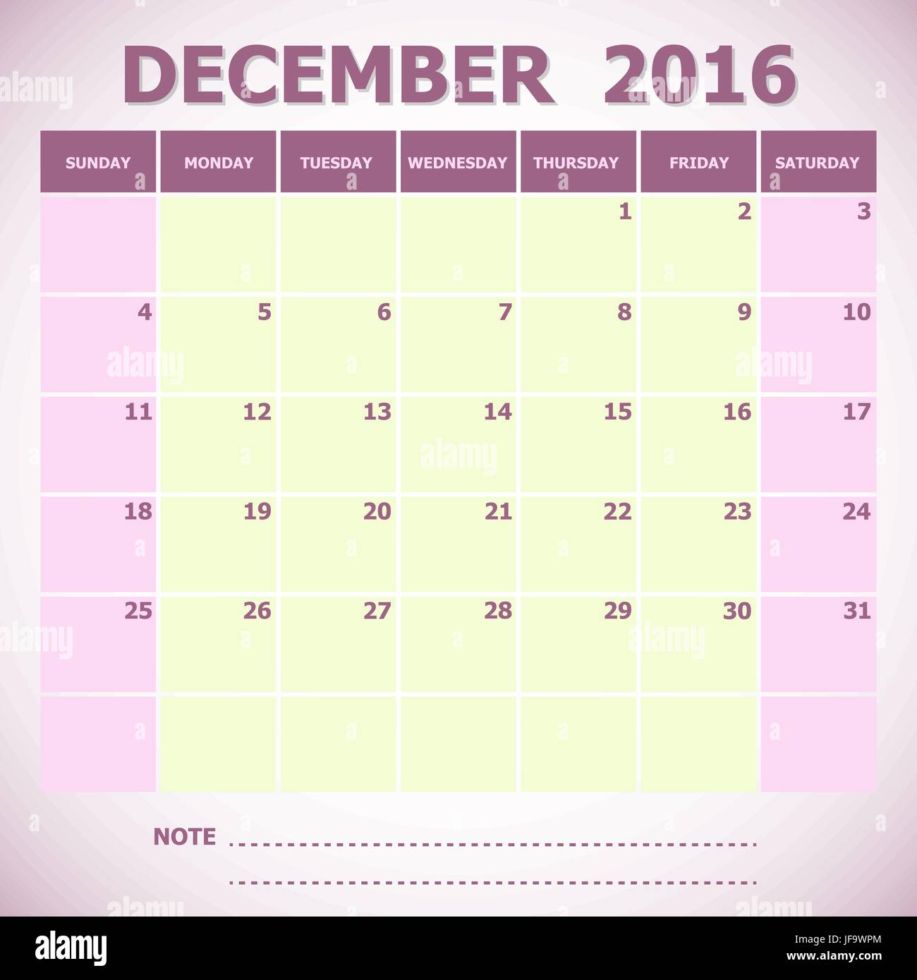 Décembre 2016 Calendrier semaine commence le dimanche Illustration de Vecteur