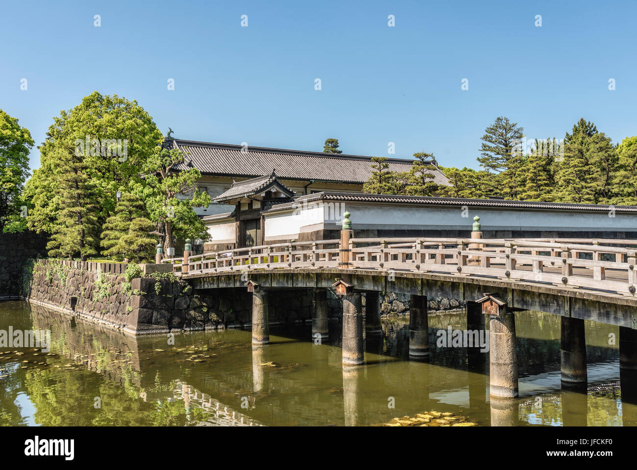 Pont à l'entrée Hirakawamon des jardins est du Palais impérial, Tokyo, Japon Banque D'Images