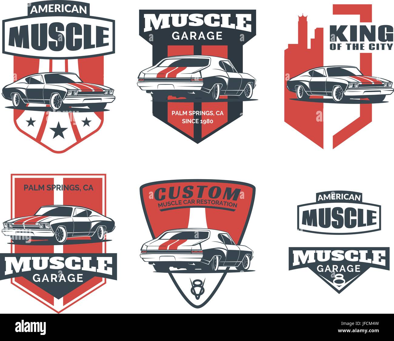 Ensemble de muscle car classique logo, emblèmes, insignes et icônes isolé sur fond blanc. Voiture de service, réparation et restauration de voiture car club elemen design Illustration de Vecteur