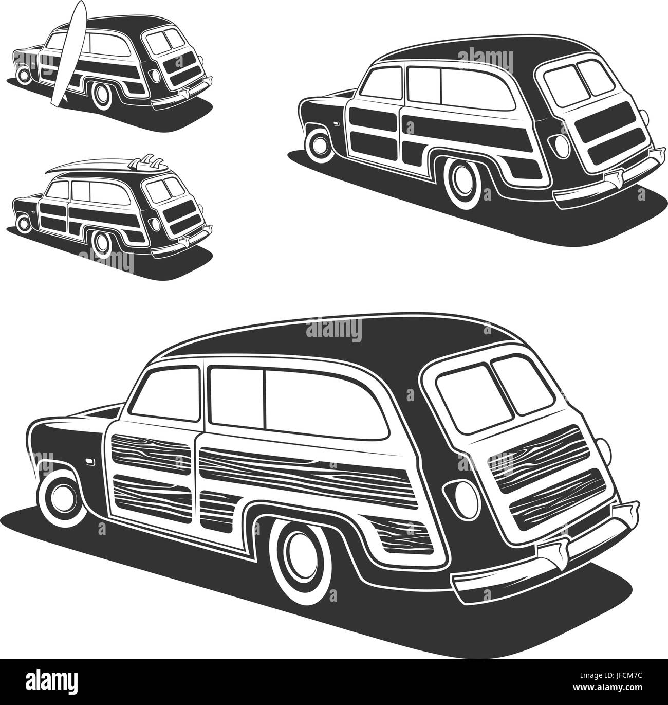 Voiture rétro surf woodie wagon isolé sur fond blanc. Vector illustration. Illustration de Vecteur