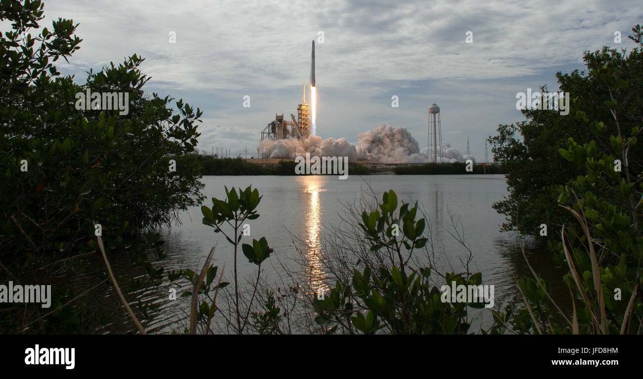 La fusée Falcon 9, SpaceX avec spatial Dragon à bord, lance à partir de 39A au Centre spatial Kennedy de la NASA à Cape Canaveral, en Floride, le samedi, 3 juin 2017. Dragon est transportant près de 6 000 livres de la science, de la recherche et des fournitures de l'équipage du matériel à la Station spatiale internationale à l'appui de l'Expédition 52 et 53 membres d'équipage. Le tronc sans pression de l'engin de transport seront également des panneaux solaires, des outils pour l'observation de la Terre et de l'équipement pour l'étude des étoiles à neutrons. Ce sera le 100e lancement, et sixième SpaceX lancement, à partir de ce clavier. Les lancements précédents : 11 vols Apollo Banque D'Images