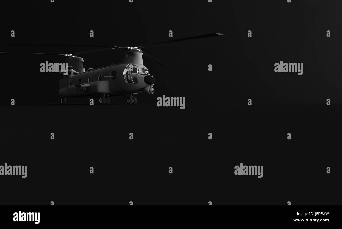 Le rendu 3D de l'hélicoptère de transport SUR FOND UNI NOIR Banque D'Images