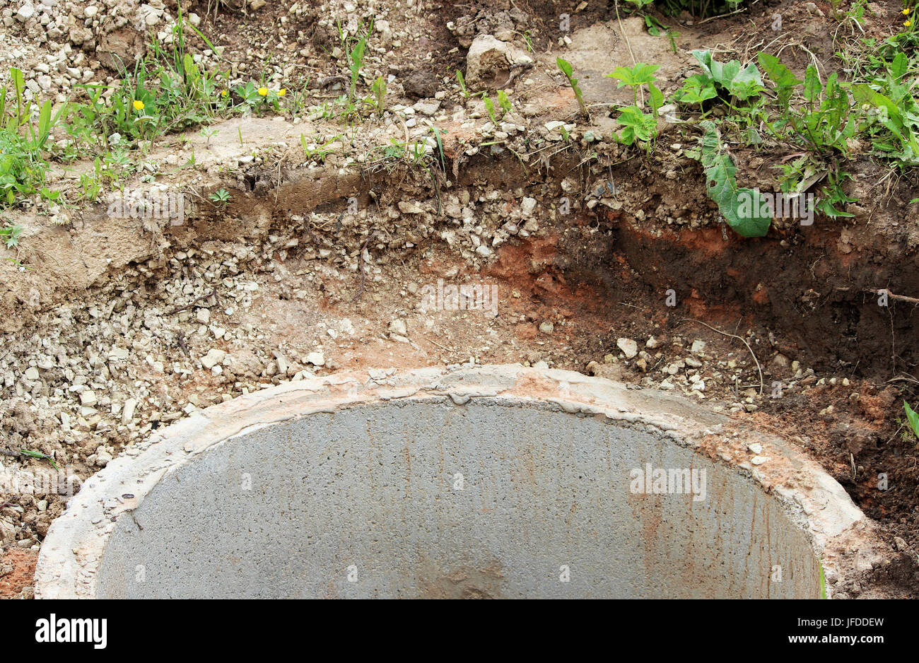 Bien pour l'extraction de l'eau. La construction d'un village bien pour l'extraction de l'eau avec l'aide de plusieurs anneaux de béton posés dans une fosse de terre Banque D'Images