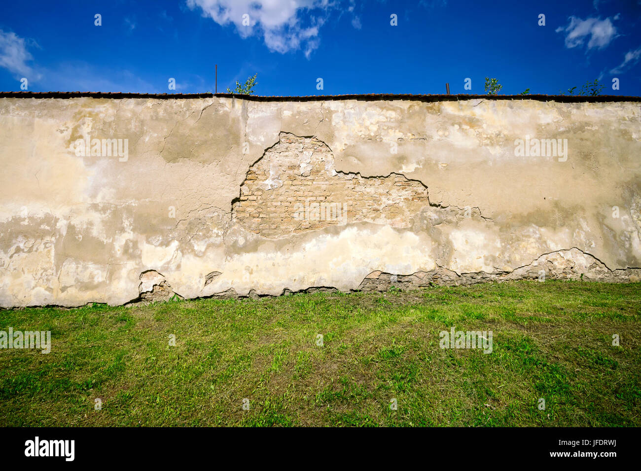 Vieux mur de briques avec beaucoup de copie espace montrant également l'herbe et le ciel Banque D'Images