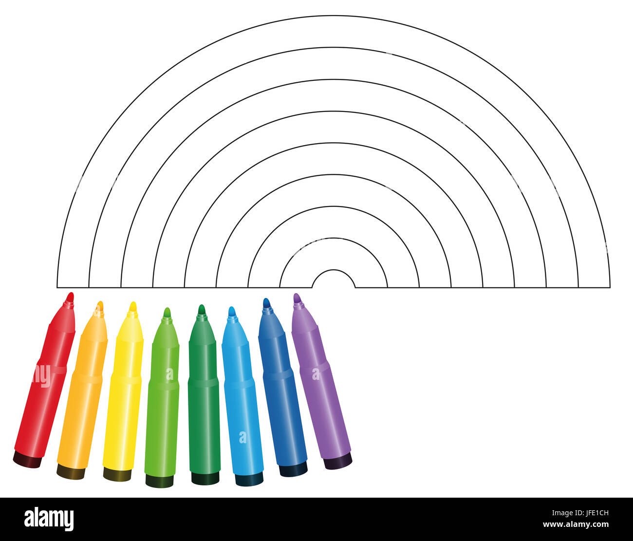 - Arc-en-ciel colorier avec huit marqueurs colorés qui montrent la couleur à utiliser. Banque D'Images