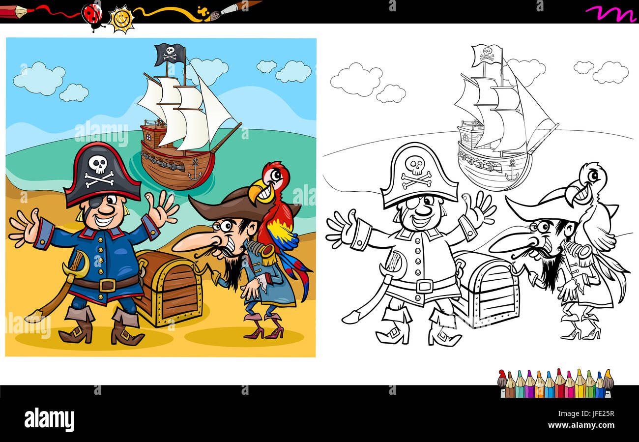 Trésor de pirates avec coloriages Stock
