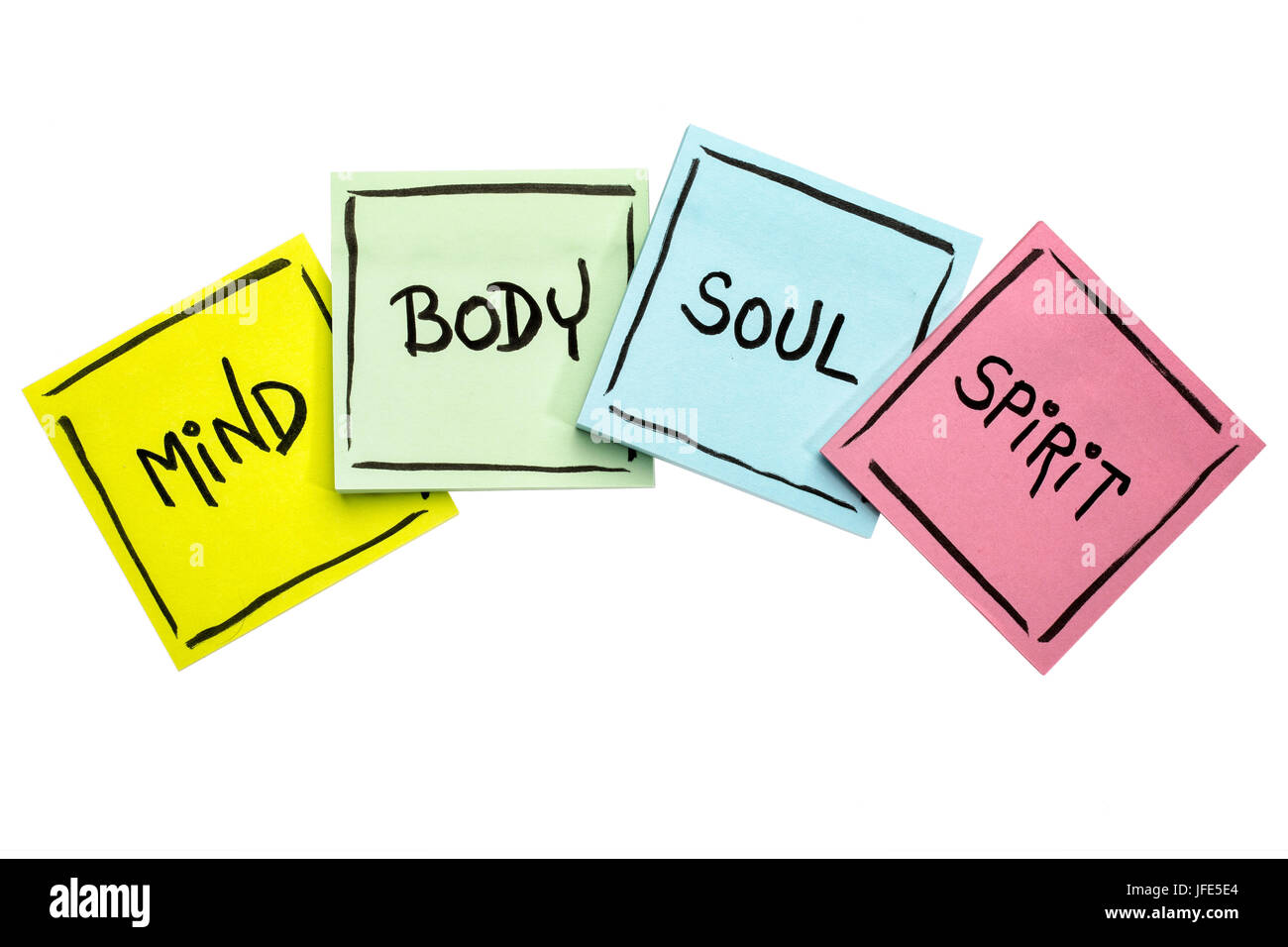 Esprit, corps, âme et esprit concept - écriture en encre noire sur les notes isolées Banque D'Images