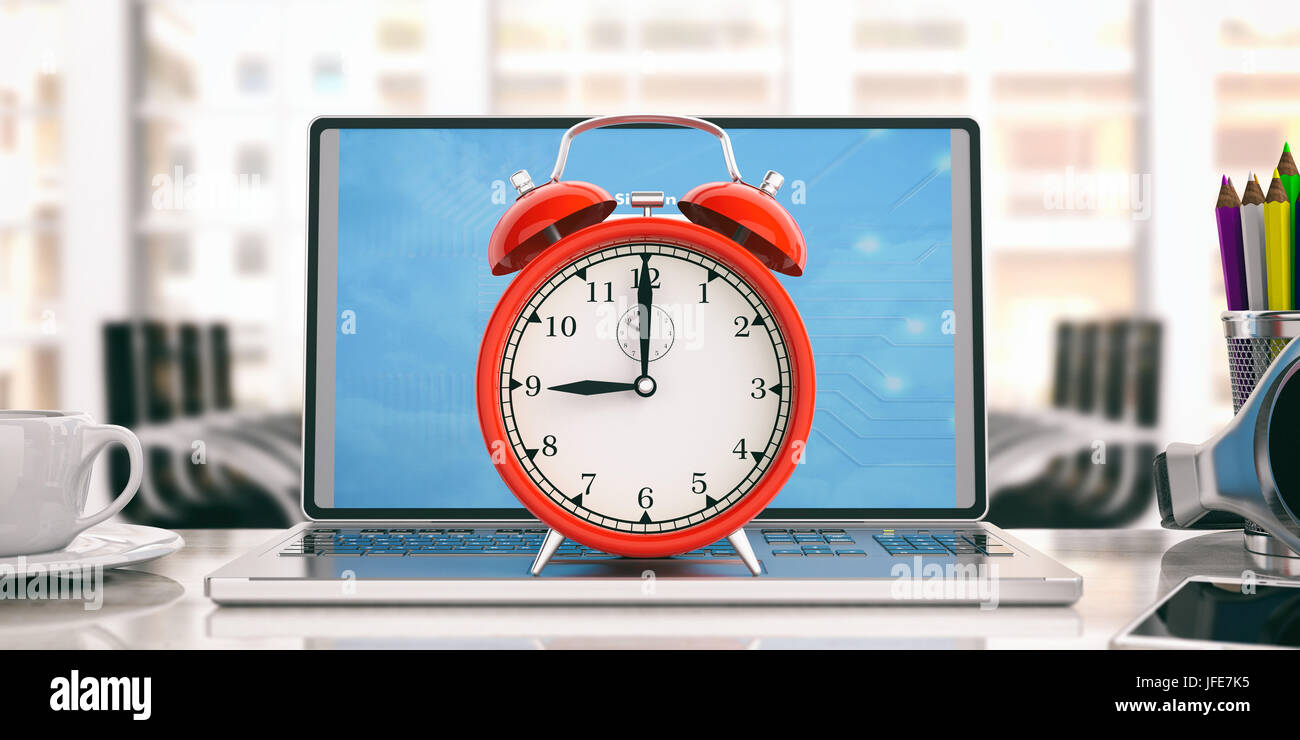 Le temps de travail. Réveil rouge sur un ordinateur portable - bureau  arrière-plan. 3d illustration Photo Stock - Alamy