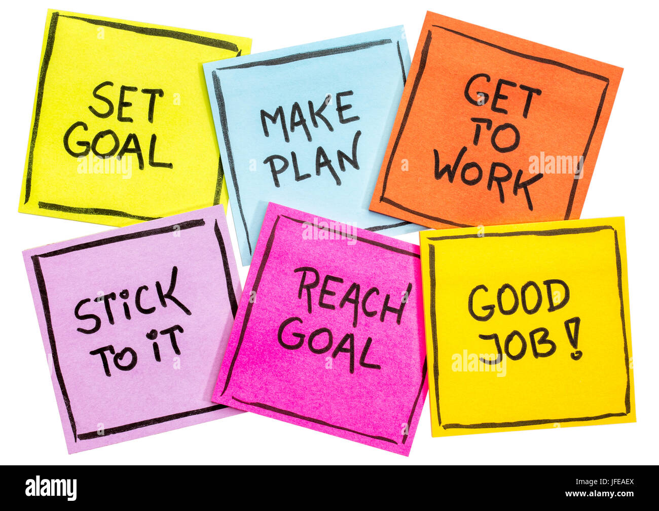 L'objectif défini, faire de plan, travailler, s'y tenir, atteindre l'objectif - un succès concept présenté avec des notes autocollantes colorées isolé Banque D'Images