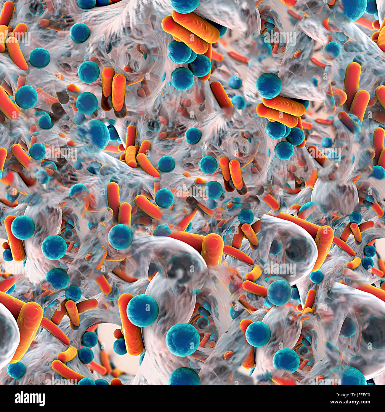 Les bactéries et sphérique, en forme de tige à l'intérieur de bactéries biofilm, l'illustration parfaite. Un biofilm est une colonie de bactéries qui forme un revêtement sur une surface. Lieux communs pour les biofilms sont à mettre dans la bouche, où ils peuvent causer des caries et des maladies de gencive, sur les verres de contact, où elles peuvent provoquer des infections des yeux, sur les roches submergées dans l'eau, et sur l'équipement industriel, où ils peuvent causer l'encrassement. Banque D'Images