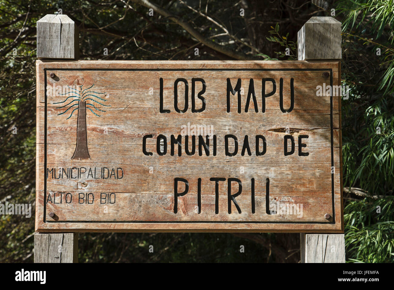 Le Chili, Araucania, Alto Bio Bio, signe local Mapuche, paroisse de Pitril Banque D'Images