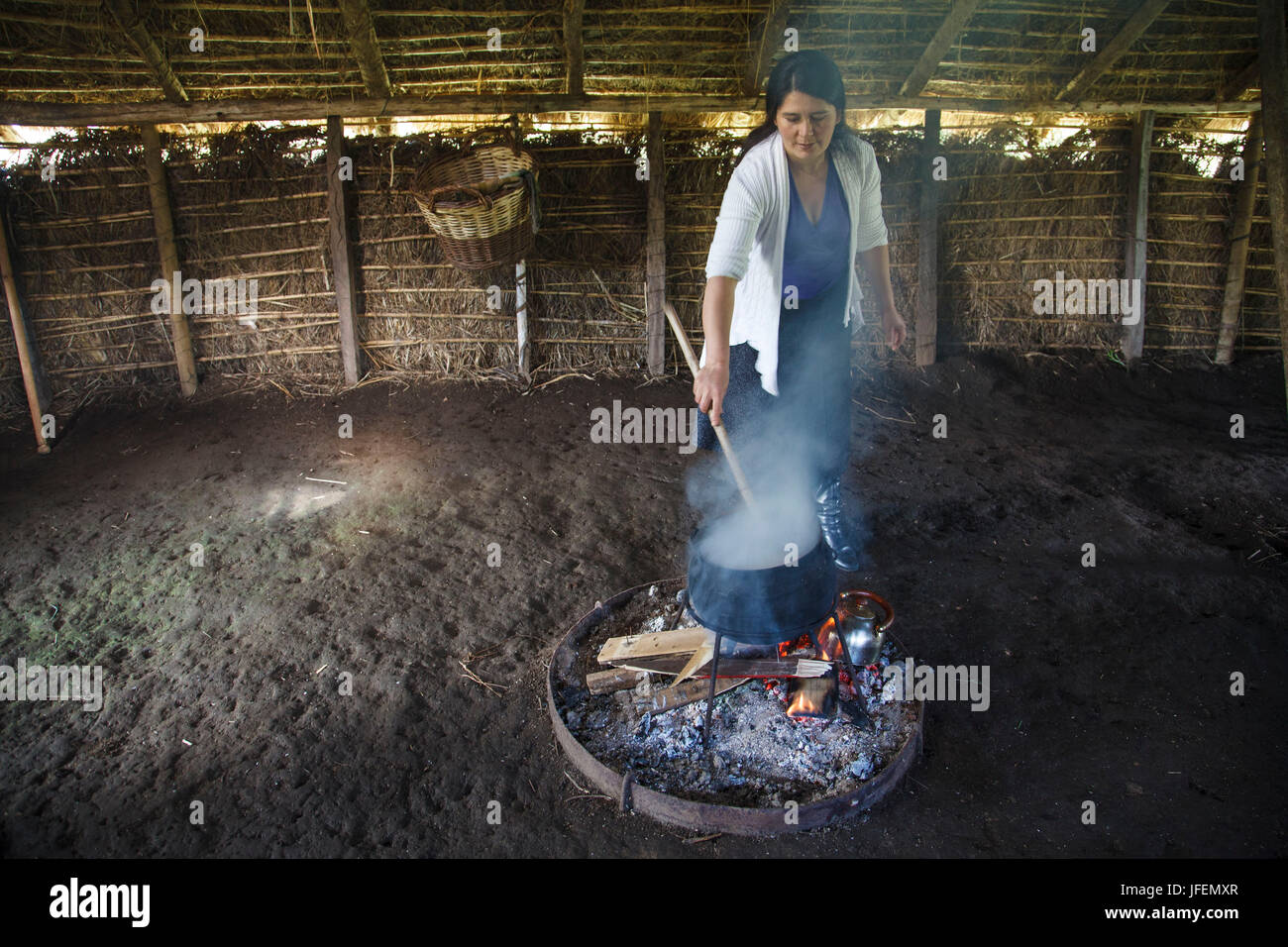 Araucania Temuco, Chili, mapuches, commerce équitable,, les textiles, la coloration de la laine des moutons avec moss, femme, Ruka, round house Banque D'Images