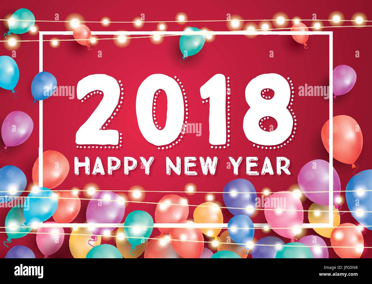 Bonne Année 2018 Carte de souhaits avec ballons, cadre blanc et Garland au néon. Vector Illustration. Illustration de Vecteur