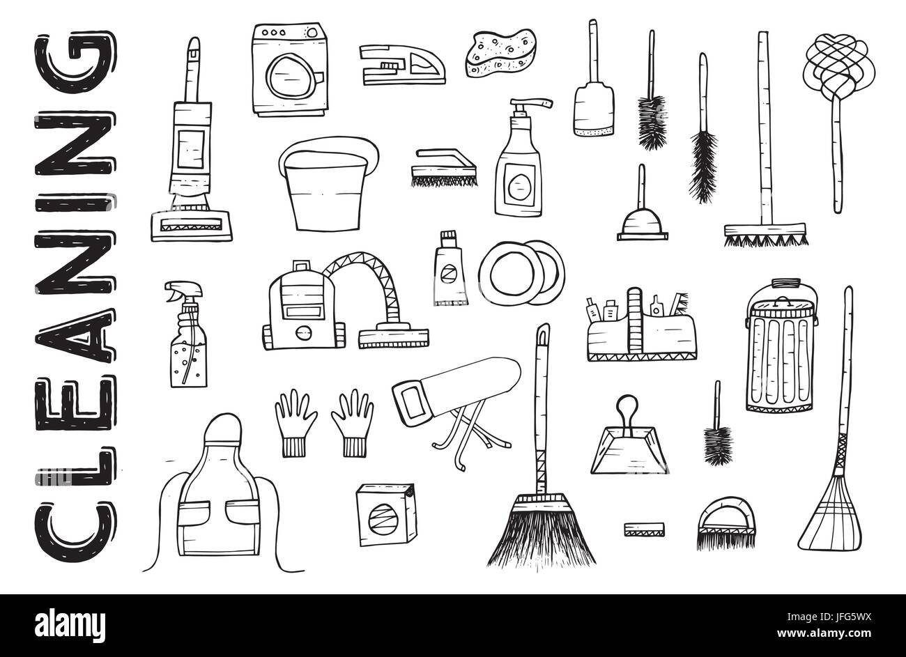 Outils de nettoyage. Vector Illustration. Service de nettoyage. Produits de nettoyage isolé sur fond blanc. Produits de nettoyage à la main. Illustration de Vecteur