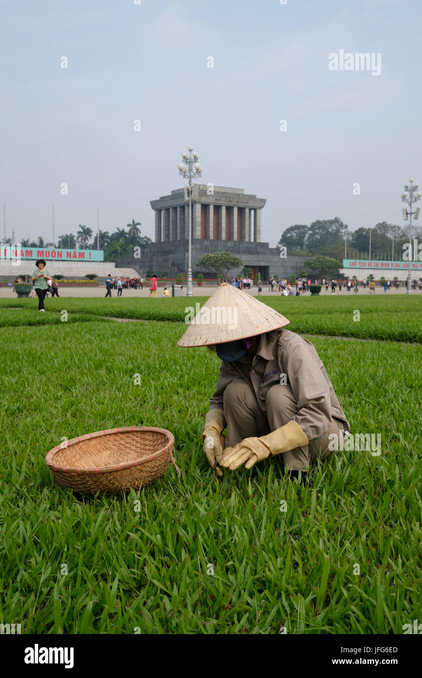 Jardiniers prendre soin de la pelouse, à la place Ba Dinh, en face de la mausolée de Ho Chi Minh à Hanoi, Vietnam, Asie Banque D'Images